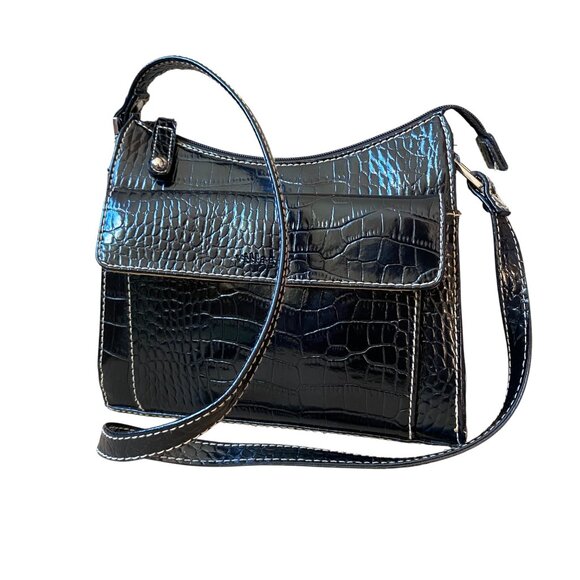 Villager by Liz Claiborne purse/shoulder patent croc textured bag black - Picture 5 of 8